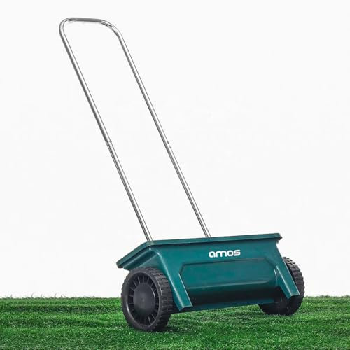 AMOS Eezy Lawn Spreader 12L – Push Along Garden Spreader on Wheels for Grass Seed, Feed & Fertilisers – Rotary Drop Salt & Grit Spreader with Adjustable Handle & Flow Control