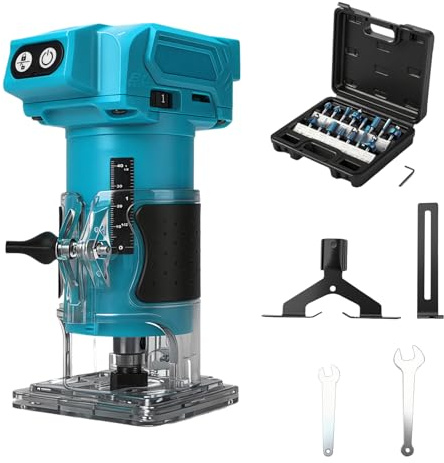 Batteridriven överfräs kompatibel med Makita 18V-batteri (utan batteri), 800 W borstlös trätrimmer med 10 000–30 000 varv/min, 5 hastigheter, rak styrning och 15 fräsbits, handfräs för träbearbetning