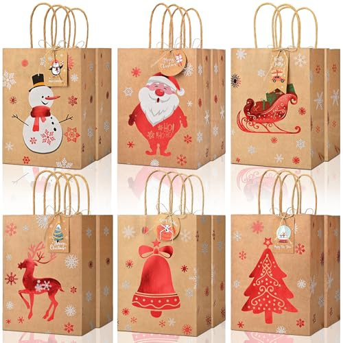Christmas Kraft Gift Bags 12Pcs Small Xmas Wrapping Bags for Present, Goody Gift Wrap Treat Candy Packing with Tags & Red Foiling Design-Elk Santa Claus for Party Favors Present Decor Supplies