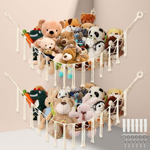 2 Pcs Teddy Hammock,Teddy Hammock Toy Storage Net,Toy Hammocks with 6 Hooks and 6 Expansion Tube,Corner Toy Storage Net for Stuffed Animals,Corner Nursery Hanging Organizer for Kids Bedroom