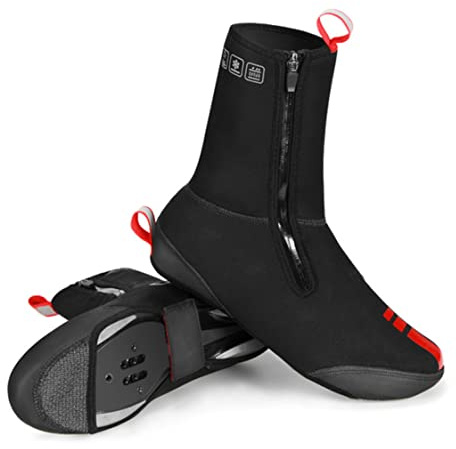 SHITOOMFE wasserdichte Fahrrad-Überschuhe, Fahrrad-Überschuhe, wasserdicht, Winddicht, mit Fleece gefüttert, für die Straße, warme Fahrradschuhe, Überzüge, Winter-Wärmeschutz (schwarz, L)