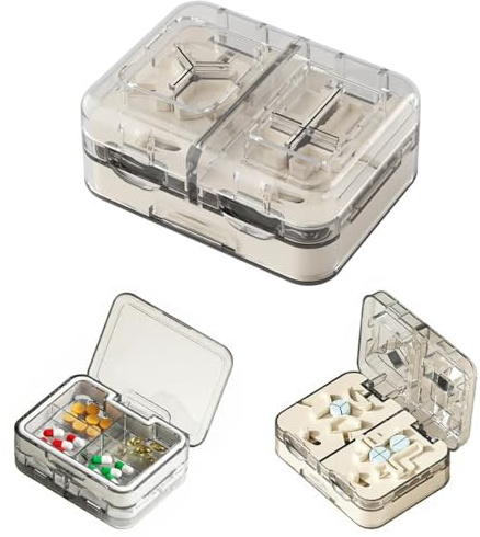 Taglia Pillole con Portapillole Giornaliero 4 Scomparti, per Farmaci Piccole Compresse, per Spaccare e Portare con te Farmaco Quotidiano, Compatto e Portatile, per Viaggi e Uso Quotidiano