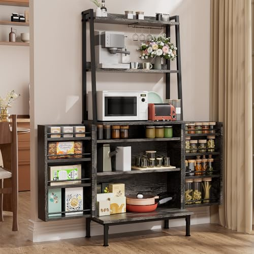 Semoic 58” Pantry Cabinets with Microwave Shelves, Freestanding Kitchen Storage Cabinet with Adjustable Shelves, Buffet Cupboards for Kitchen, Dining Room, Living Room Use, Dark Gray Oak