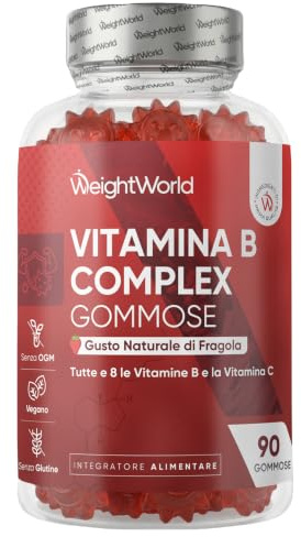 Vitamin B-komplex Gummies – 90 gummies med alla 8 B-vitaminer och vitamin C – B1, B2, B3, B5, B6, B7 (biotin), B9 (folsyra) och B12 – Vegansk – Naturlig jordgubbssmak från WeightWorld