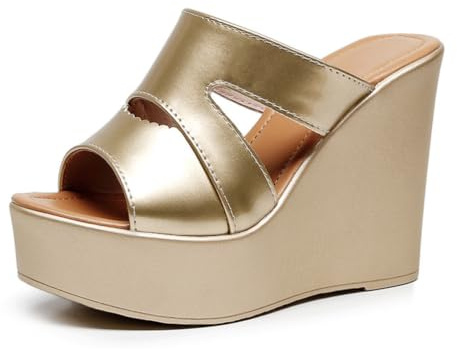 TNMIUH Zoccoli Donna con Zeppa Alta 12cm, Sandali Slip-On Peep Toe Nero, Plateau 4cm, Nero, Bianco, Rosso, Oro,d'oro,38 EU