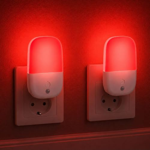 Teemora Luz Roja Nocturna Melatonina para Dormir Mejor Pack de 2 - Lámpara Bebé con Sensor de Oscuridad y Brillo Ajustable - Luz Nocturna Infantil Sin Flicker para Biohacking y Descanso Profundo