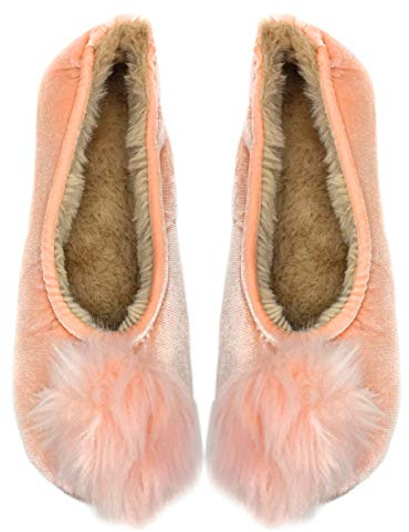 ooohyeah Women’s Fuzzy Pom Pom ballerina slippers, Plush Comfort Soft Slippers, Pink Pom pom