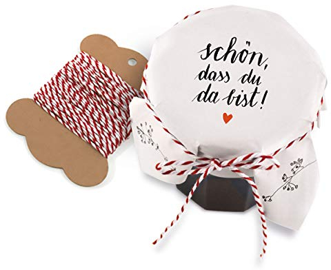25 Marmeladendeckchen - schön, dass du da bist - Gläserdeckchen Weiß mit Blumen für Marmelade, Marmeladengläser & Einmachgläser, Recyclingpapier Abreißblock + 10 m Garn + Justiergummi