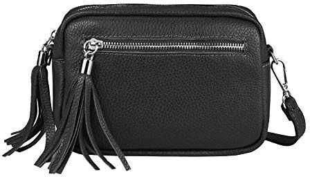 OBC Made in Italy Damen Leder Tasche Umhängetasche Schultertasche Beuteltasche Cross-Over Cross Bag Glattleder Schmucktasche Fransen Ledertasche Schwarz