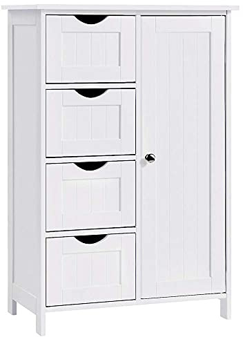 BAKAJI Mobile da bagno Bianco con 4 cassetti e 1 Anta, Armadietto in legno Salvaspazio dal Design Elegante, Mobiletto con ripiano regolabile ideale anche in soggiorno, corridoio, cucina