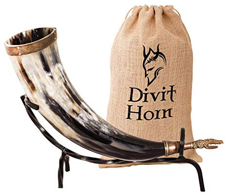 Divit Horn Genuine Viking Drinking Horn with Iron Stand | Authentic Medieval Beer Drinking Horn | Brass Adornments & Burlap Gift Sack Included | 16 oz (450-500 ml) Capacity.