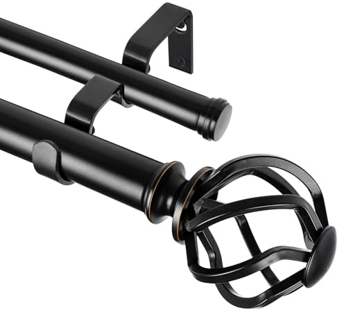 KAMANINA 1 Inch Double Curtain Rod 72 to 144 Inches (6-12 Feet), Black Curtain Rods for Windows 66 to 120, Heavy Duty Telescoping Drapery Rods with Twisted Cage Finials, Fewer Rods, Faster Setup