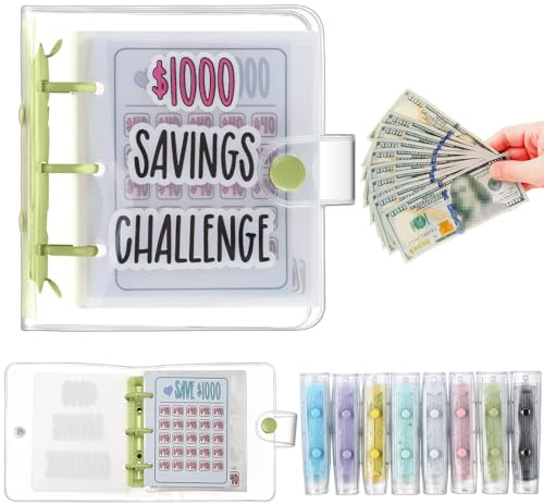 Jetec 1 Pcs 1000 Mini Money Saving Binder Money Saving Challenge Book with Envelopes for Budgeting Cash Planner Back to School Class Prize Exchange Gift (Green)