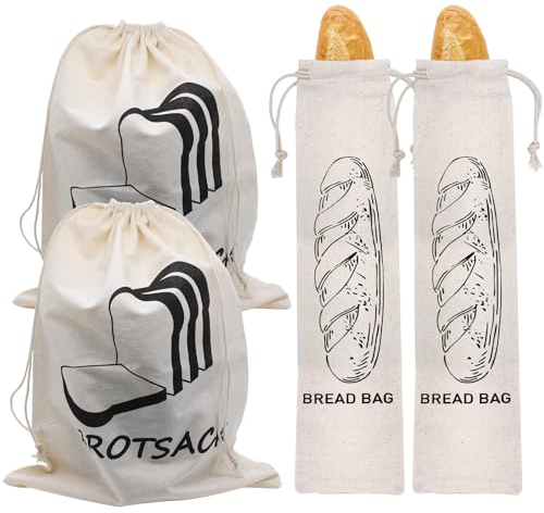 Aimeke 4 Piezas Bolsas de Pan de Lino Natural Bolsa de Pan Reutilizable Bolsas de Lino con Cordón para Pan Frutas Verduras Nueces (29 × 38,5 cm/14,4 × 65 cm)