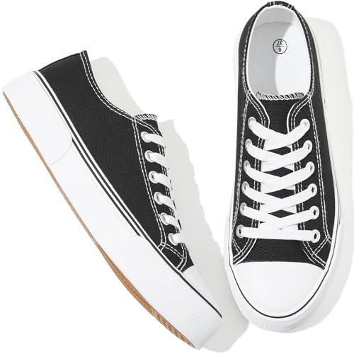 Adokoo Canvas Tennis Shoes for Women Low Top Casual White Black Sneakers for Women Lace Up Fashion Comfortable Walking Shoes (Black,8.5)