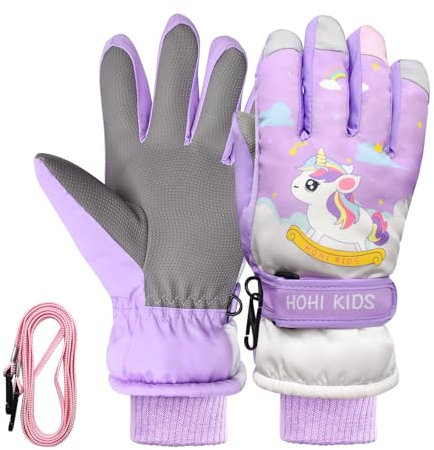 JNUYISW Kinder Skihandschuhe, Wasserdicht Winddichte Warme Winterhandschuhe für 4-12 Kinder Jungen Mädchen, Einhorn Kinderhandschuhe Schneehandschuhe für Laufen Snowboard Skifahren Radfahren (Lila, M)