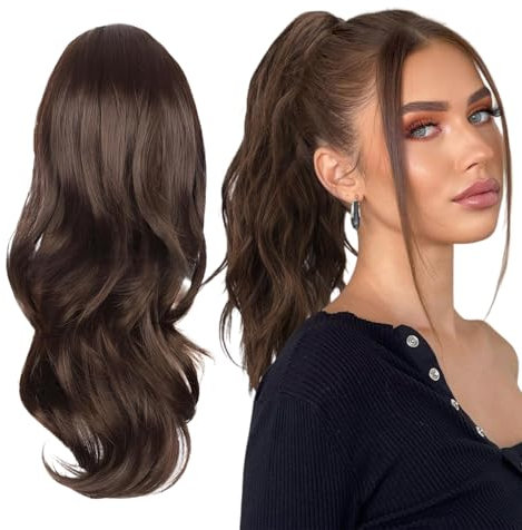 SNONESIY Ponytail Extension, Echthaar Zopf Haarteil, 66 cm, Lockig, WIG, Haarverlängerung, Zopfverlängerung, Braun