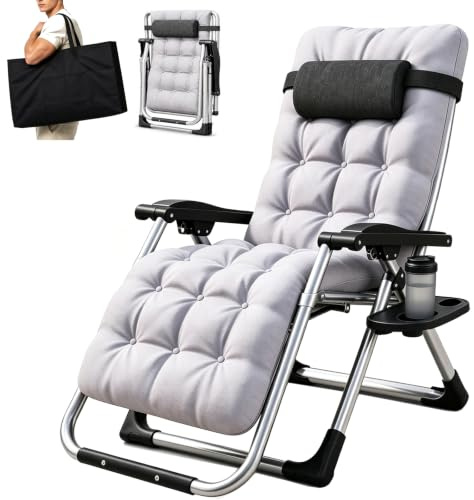 BSESEL Folding Outdoor Zero Gravity Chair Reclining Patio Lawn Chairs with Bag, Soft Cushion & Cup Holder Garden Beach Deck Sun Lounger Recliner Chair for Camping Holidays (1PC Grey Chair)