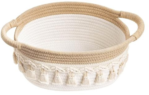Panier Rangement en Corde de Coton, Paniers de Rangement en Corde Tissée, Paniers de Rangement Ronds, Panier Rangement pour Salon Chambre à Coucher - 9.5in (blanc jaune)