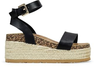 BOSANOVA Sandalias de Plataforma para Mujer en Color Negro con una Tira al Empeine y Suela de Corcho y Esparto de 7.5 cm. Cierre de Pulsera con Hebilla. Calzado para Mujer Negro 38
