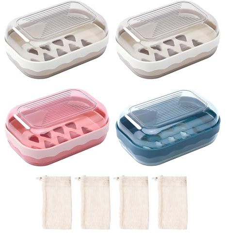 VEGCOO 4 Boîte à Savon + 4 Sacs à Savon Filet, Porte-Savons Voyage Porte Savons Portable, Étanche et Scellé avec Couvercle, Boîtes à Savon pour Voyage, Maison, Salle de Bain, Camping