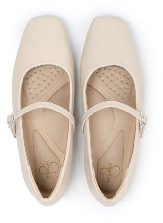 Bebxufa Women's Square Toe Mary Jane Ballet Flats Shoes with Adjustable Strap, Slip On Comfortable Work Flats, Soft Leather Dressy Shoes Nude,7