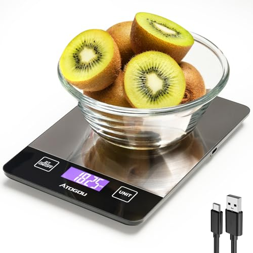 ATOGOU 1g/ 15kg Food Scale, Rechargeable Kitchen Scale with Full-View Backlit LCD Display, Stainless Steel Surface, USB Charging or AAA Batteries (not included), for Baking, Cooking, Food GREY
