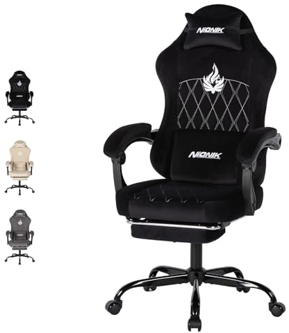 NIONIK Massage Gaming Chair with Footrest, Ergonomic Office Chair with Lumbar Support and Headrest, Breathable Fabric Adjustable Height Computer Seat for Home Office,Gray