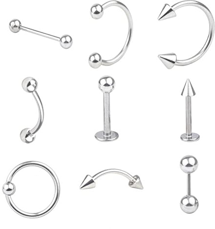 ZJchao 9 i 1 Kirurgiskt Stål Kroppspiercing Smyckesset Nippel Ring Tunga Ring Läpp Ring Hypoallergenisk 316L Steel Lättvikt Unik Present Till Dig Själv (Stål färg)