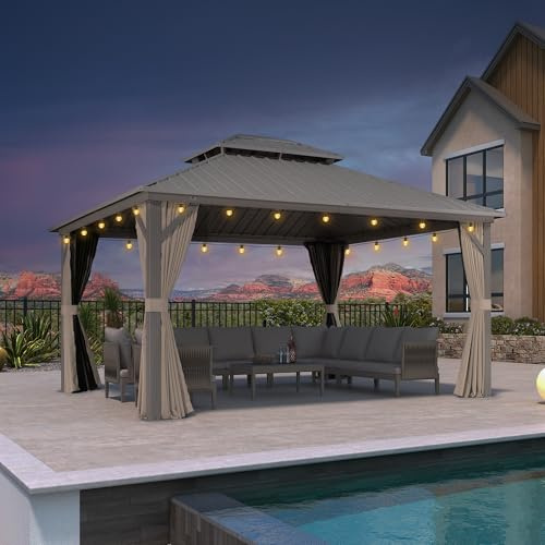 PURPLE LEAF – Pabellón de Jardín Exterior 4,25 x 3,65 m con Iluminación Integrada, Pérgola de Aluminio con Techo Rígido de Acero Galvanizado, Cenador Impermeable para Camping, Fiesta, Barbacoa