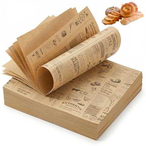 150 Hojas de Papel Encerado para Alimentos 30x20cm, Papel Antigrasa para Hamburguesas, Bocadillos y Patatas Fritas, Papel de Horno Kraft Retro para Envolver Comida, Picnic y Catering