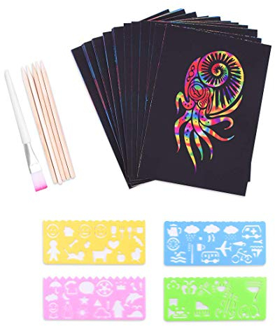 Kratzbilder Set für Kinder,Kratzpapier Set, 50 Große Blätter Regenbogen Kratzpapier zum Zeichnen und Basteln | mit Schablonen, Holzstiften und Stickern (13 x 19cm)