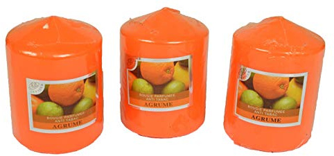 Set mit 3 großen Votivkerzen, dekorativ, parfümiert, Anti-Tabak, Kerzen für die Dekoration Ihres Hauses und um eine Atmosphäre zu schaffen. Orange, Zitrusduft, 7,5 x 10 cm, Brenndauer 40 Stunden.