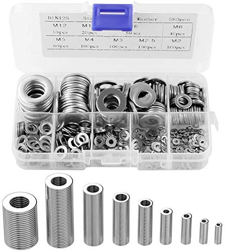 STARVAST 580 Pcs Rondelles Plates en Acier Inoxydable avec Boite en Plastique, 9 Tailles de Rondelles Metal - M2 M2.5 M3 M4 M5 M6 M8 M10 M12 Rondelle Inox pour la Décoration de la Maison et Mécanique