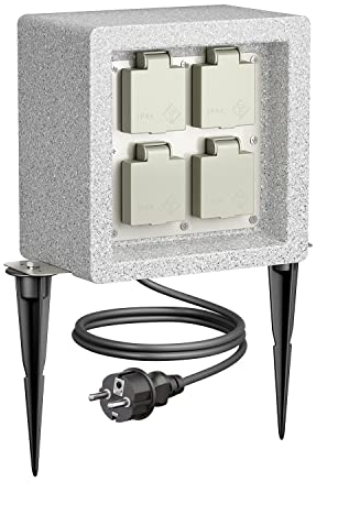 ledscom.de Prise de Jardin Pock avec Piquet de Terre Aspect Pierre pour l'extérieur, 4-Fois, résine synthétique, carrée, 20cm