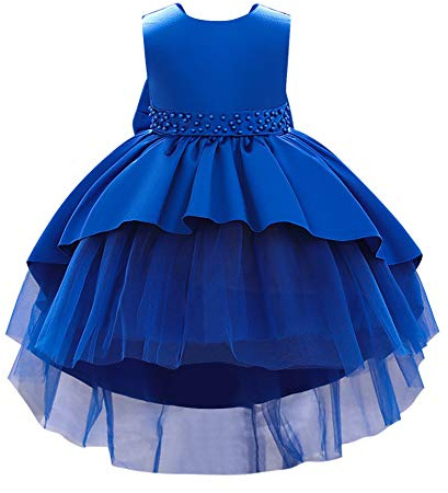 IWEMEK Fille De Fleur sans Manches Hi-lo Plissé Satin Tulle Bowknot Robe De Princesse Demoiselle d'honneur Robes De Mariée Communion Fête d'anniversaire Soirée Robe De Bal Bleu Royal 4-5 Ans