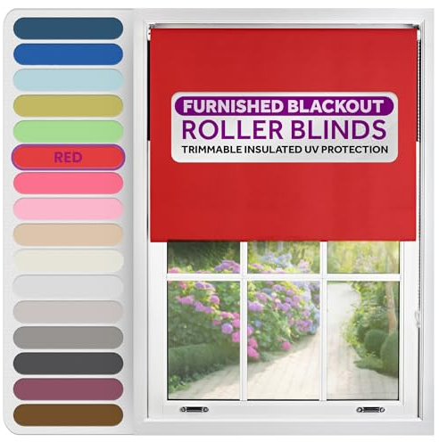 FURNISHED Roller Blinds Window Blackout, Red, 225cm Wide x 210cm Long | Thermal 100% blackout trimmable insulated UV protection child safe easy fit home office window blinds