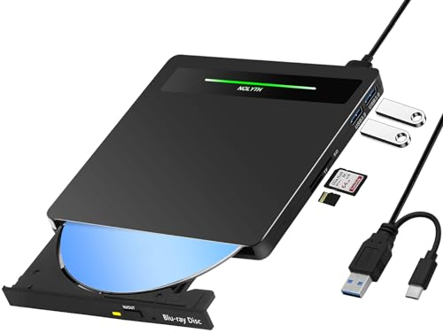 NOLYTH 5-in-1 External Blu-ray Drive: USB 3.0 & USB-C DVD/CD Burner, BD Reader with Dual USB-A Ports & SD/TF Card Readers – Seamless Laptop/PC Compatibility for Windows, Mac, Linux (5 in 1)