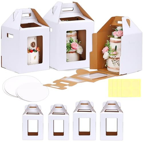 Moretoes 4 Pack Tall Cake Boxes with 4 Boards, Large Bakery Take Out Transport Containers 2 Sizes 14x14x16 & 16x16x18 Tier Bakery Carrier with 4 Boards, Party Birthday Wedding