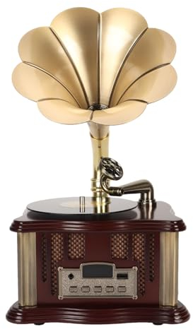 Gramophone Phonographe Rétro Vintage, Deux Haut-parleurs HiFi à Gamme Complète, Bluetooth 5.0, Chargement USB, Mini Gramophone Rétro en Alliage avec Télécommande, Radio FM (Café)