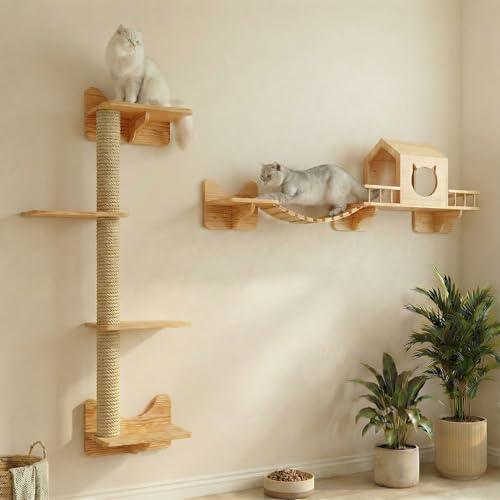 Juego de escalada para gatos, estantes para montar en pared, incluye 1 casa de gato, 1 puente en escalera, 3 postes para rascar y 5 peldaños