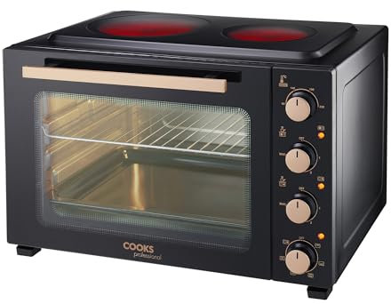 Cooks Professional Mini Portable Oven with Ceramic Hobs | Energy Efficient Electric Countertop Cooker with Two Hot Plates & Wire Rack Baking Tray | Kitchen Grill Ovens | 48L Capacity | Black & Copper