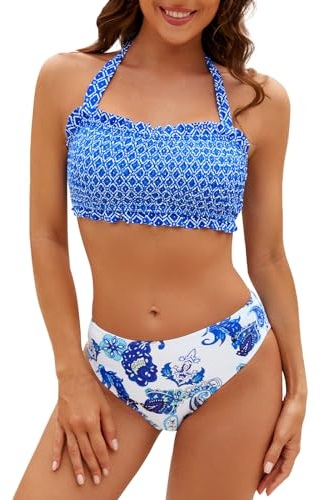 Adigaber Tvådelad baddräkt för kvinnor, halterneck volang, mjukt blommönster, bikini, badmode, push-up, bikiniset, blå, XL