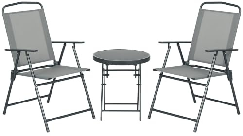 Outsunny Set da Giardino 3 Pezzi con 2 Sedie Pieghevoli Grigio Chiaro | Tavolino Rotondo, Metallo e Vetro, Tavolo e Sedie da Giardino, Set da Bistro, Patio Cortile Esterno