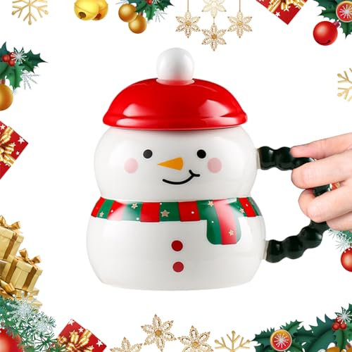 Durdiiy Tazas de Cerámica de Navidad, 400ml Tazas de Café Navidad con tapa, Tazas de café de cerámica, Taza Navideña Para Café con Asa, El Mejor Regalo para Padres, Amigos y Navidad (Muñeco de nieve)