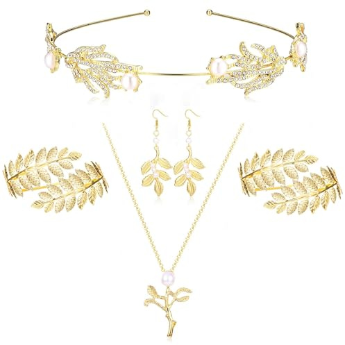 ORAZIO 6 Pezzi Costume Dea Greca Accessori Donna Gioielli Capelli Corona Alloro Bracciale Braccio Orecchini Copricapo Boho per Donne in Festa di Matrimonio Laurea Halloween