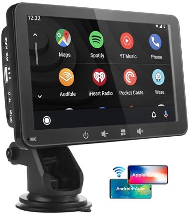 7 Inch Portable Car Stereo 2025 Upgraded Compatible with Wireless CarPlay & Android Auto, AirPlay, Stereo Sound, Voice Controll WiFi BT/Wired Connection, Car Bluetooth Audio Output, TF/USB/AUX/FM