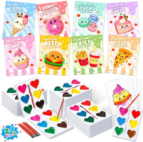 Valentines Day Gifts for Kids, 24 Packs Heart Watercolor Paint Sets with Dessert Food Painting Cards, Classroom School Exchange Prizes & Art Party Favors for Boys Girls
