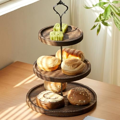Miawtro Afternoon Tea Cake Stands, 3-Layer Wooden Cake Stand with Metal Handles,Polished Dessert Display Cupcake Stand,Retro and Elegant Cake Stand 3 Tier for Afternoon Tea Wedding Baby Birthday Party