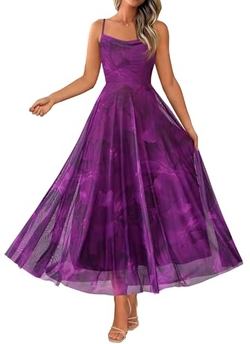 BTFBM Women Summer Floral Maxi Dresses Elegant Spaghetti Strap Dress Printed Party Dress Beach Long Dresses(Floral Purple,Large)